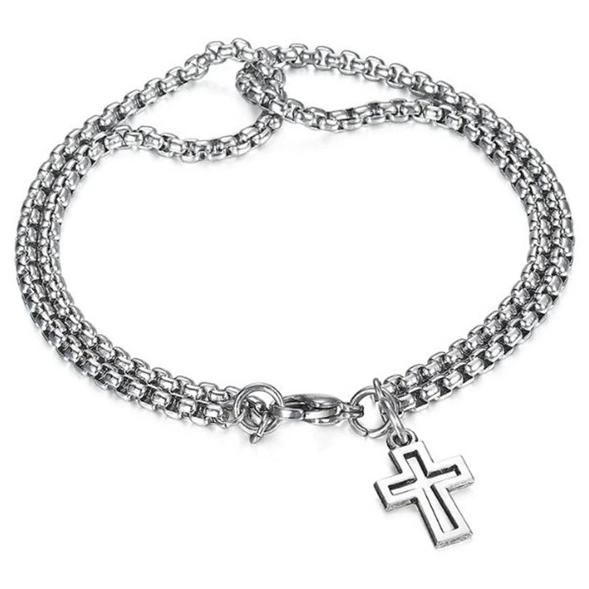 Silver Color Double Layer Chain Hollow Cross Men'S Bracelets Fashion Stainless Steel Bracelet Hip Hop Punk Party Male Jewelry