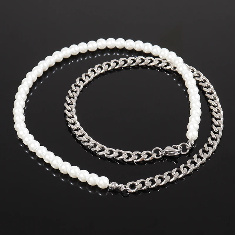 New Trendy Imitation Pearl Chain Men Necklace Fashion Handmade 6Mm Bead Chain Necklace for Men Jewelry Gift