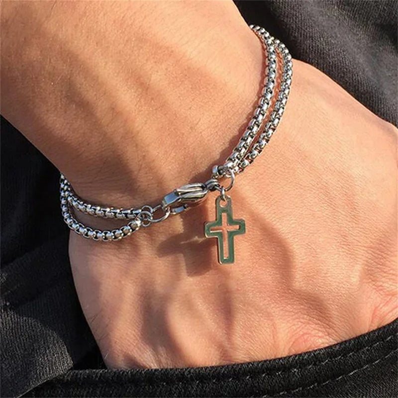 Silver Color Double Layer Chain Hollow Cross Men'S Bracelets Fashion Stainless Steel Bracelet Hip Hop Punk Party Male Jewelry