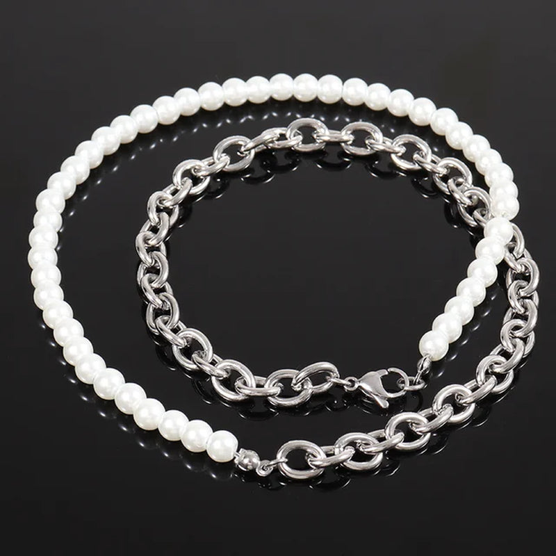 New Trendy Imitation Pearl Chain Men Necklace Fashion Handmade 6Mm Bead Chain Necklace for Men Jewelry Gift